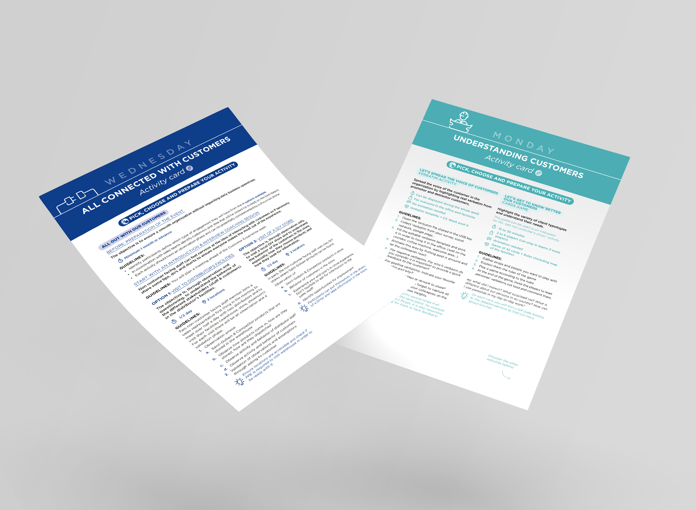 Deux fiches d’activités donnant les consignes pour découvrir le service client en s’amusant